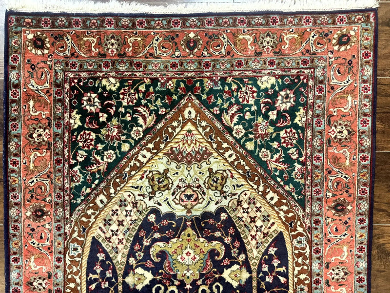 Persian Tabriz Rug 3x4, Navy Blue, Birds, Floral, Prayer Rug, Handmade Wool Rug, Finely Hand Knotted 325 KPSI by Jewel Rugs