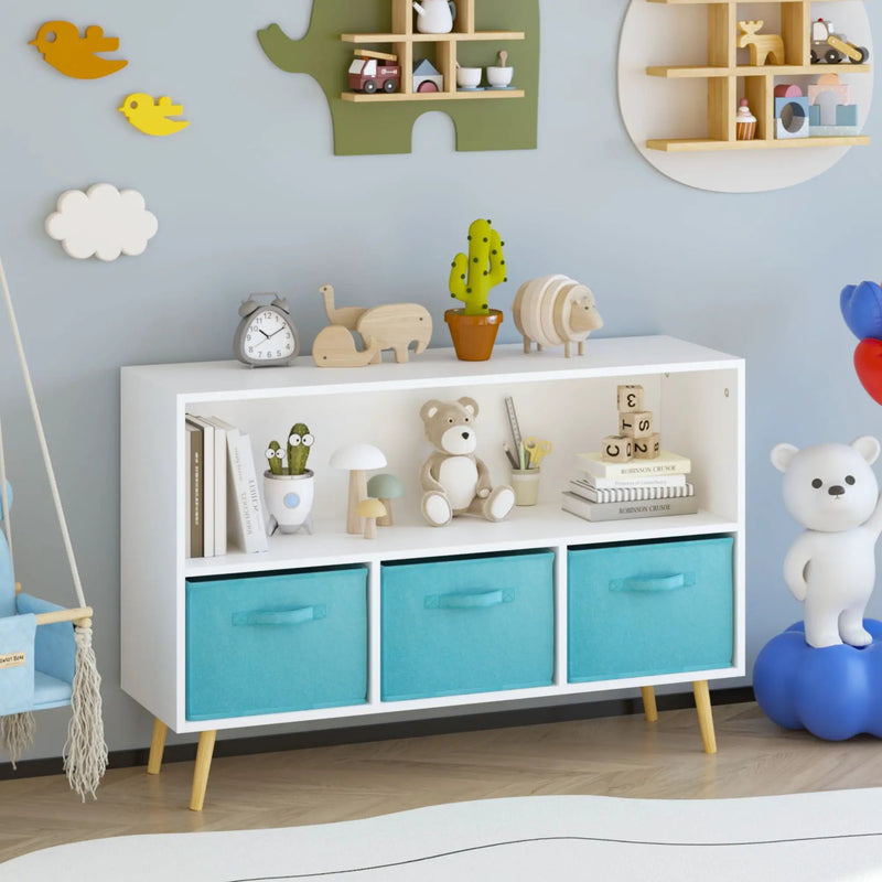 Bookcase With Collapsible Drawers, Book Display Storage Cabinet Organizer - White / Blue by Unique Piece Furniture