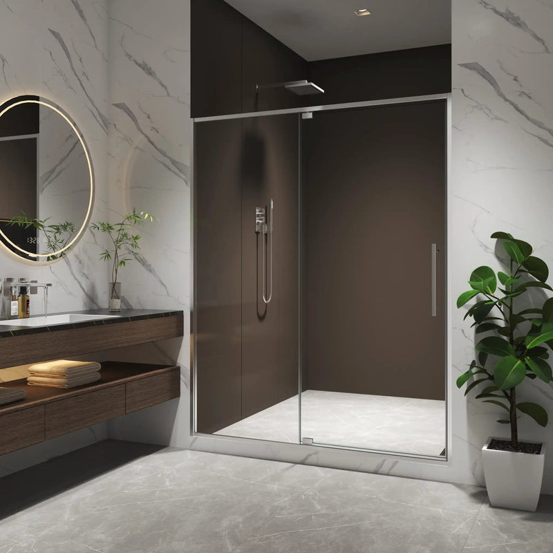 50-54"W x 74"H Pivot Shower Door with 5/16" Tempered Glass - Brushed Nickel Finish by HouseOfZazla