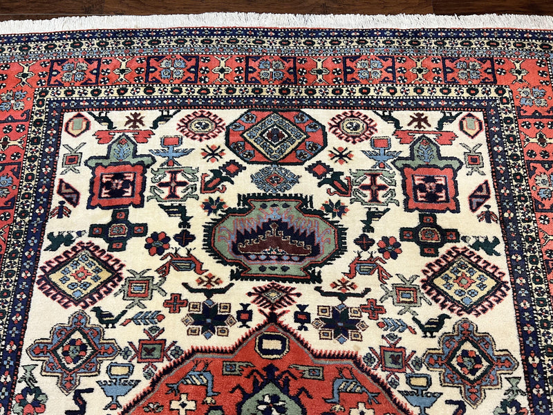 Persian Tribal Rug 8x11, Persian Ardabil Rug, Geometric Medallion Animal Pictorial Rug, Ivory Red Blue, Hand Knotted Vintage Wool Carpet by Jewel Rugs