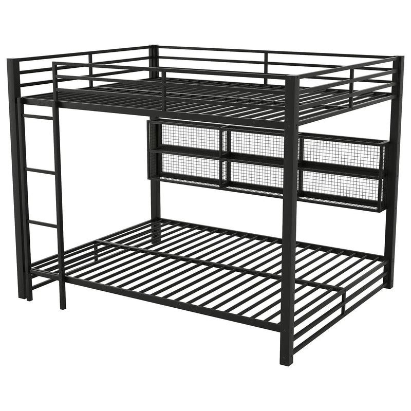 Queen Over Queen Bunk Bed With Storage Cabinets And LED Sturdy Frame, 6 Storage Units, Adjustable LED Lights - Black by HouseOfZazla