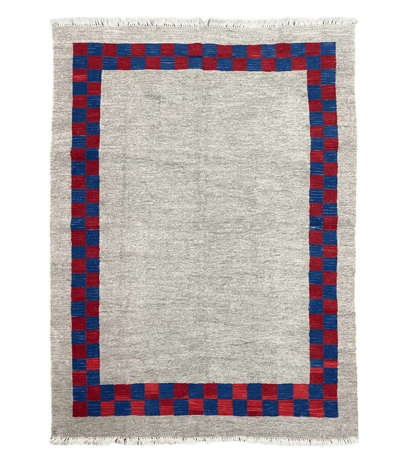 5' 7" x 7' 9" Geometric Kilim Carpet, Gray, Handmade, Hand-Knotted Area Rug, Blue & Red, Flatweave, Wool, New, Checkerboard Pattern by Jewel Rugs