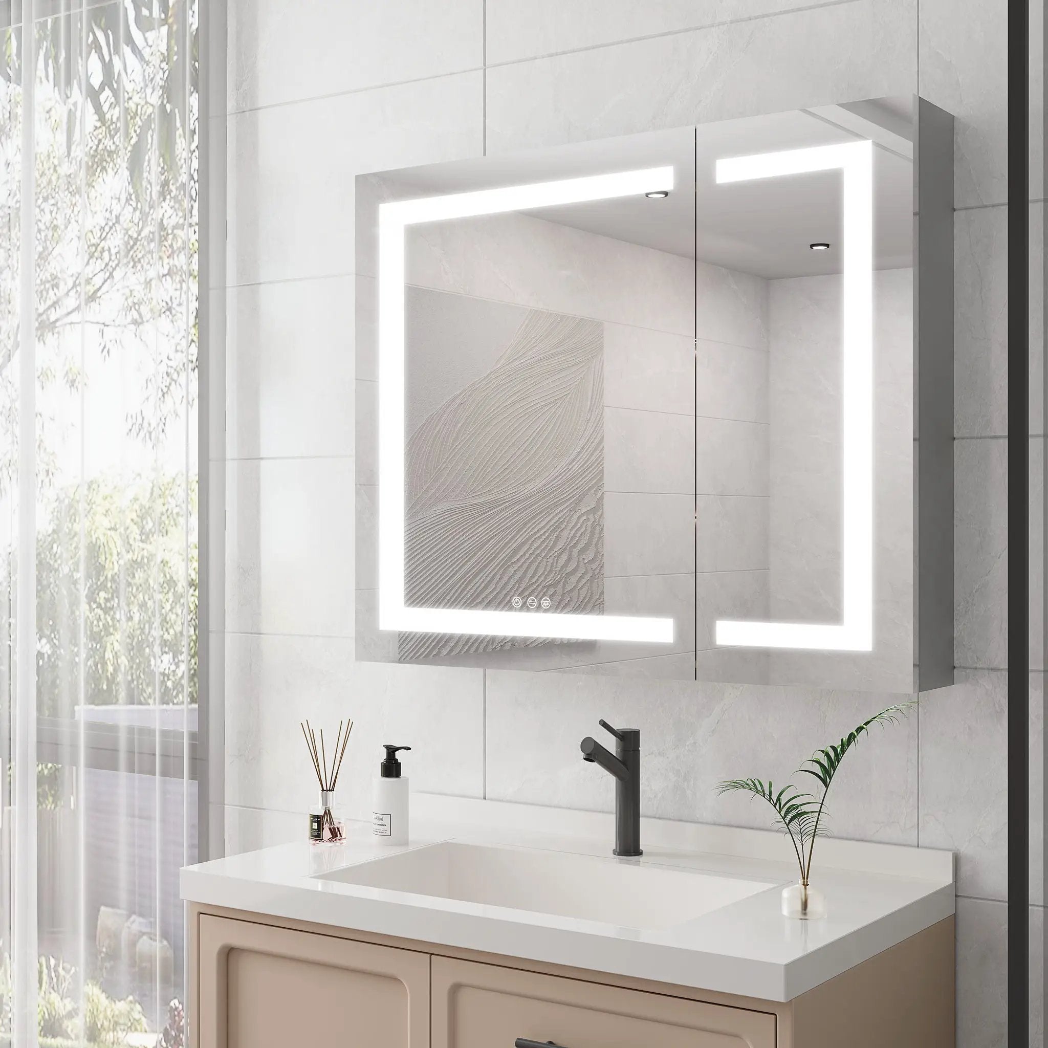 36" X 30" Medicine Cabinet With LED Vanity Mirror, Anti-Fog Recessed Or Surface Mount Bathroom Double Door Large Storage 3000K~6000K Bright Lighted Aluminum Storage Cabinet With Touch Switch - Silver by HouseOfZazla