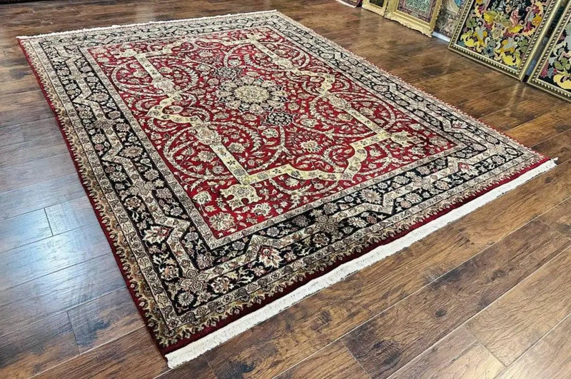 Indo Persian Rug 8x10, Red Vintage Wool Traditional Carpet, Floral, Handmade by Jewel Rugs