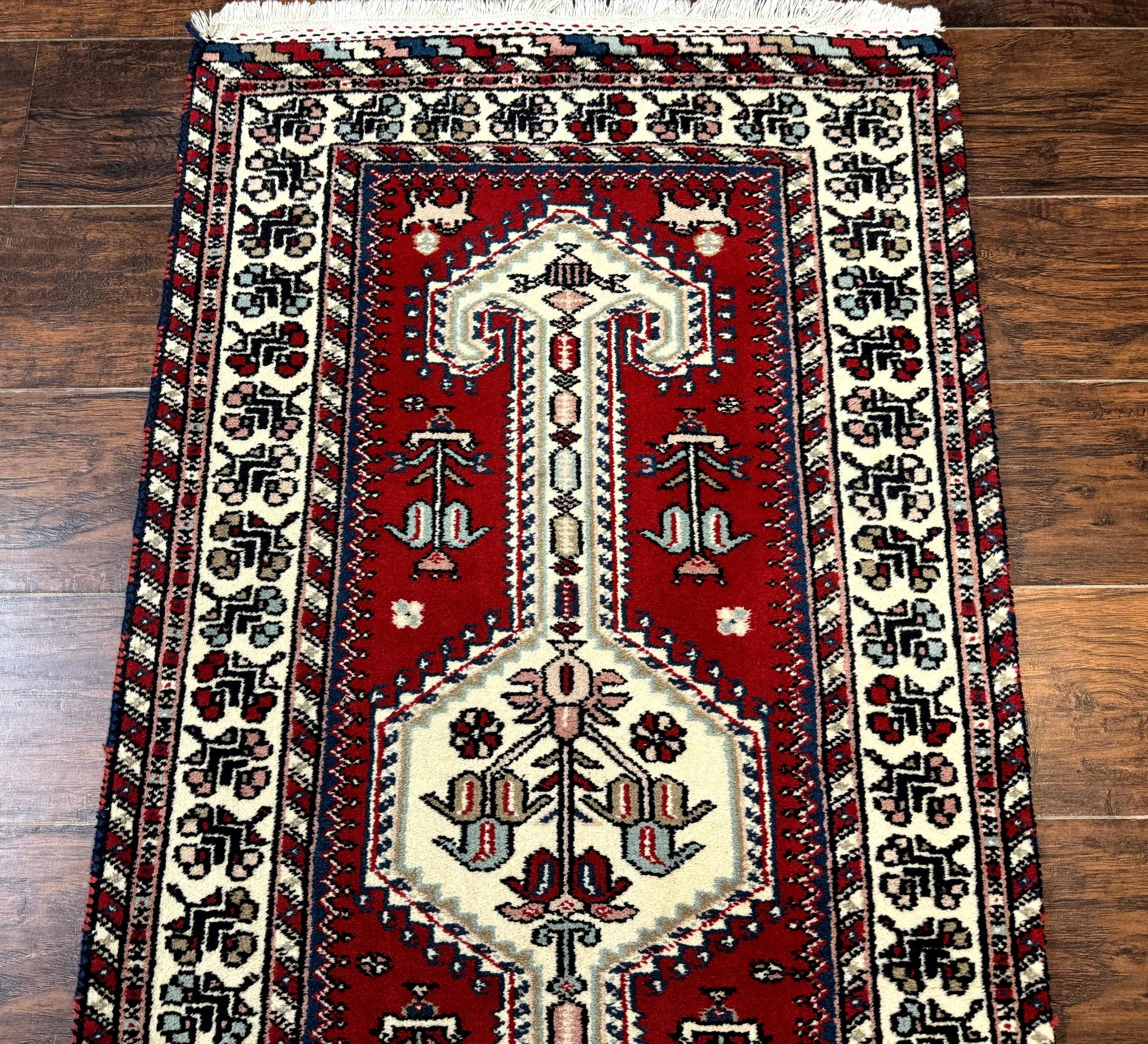 Indo Persian Runner Rug 2.6 x 12, Heriz Geometric Caucasian Design, Animal Pictorials, Tribal Runner Rug, Vintage Handmade Wool Red by Jewel Rugs