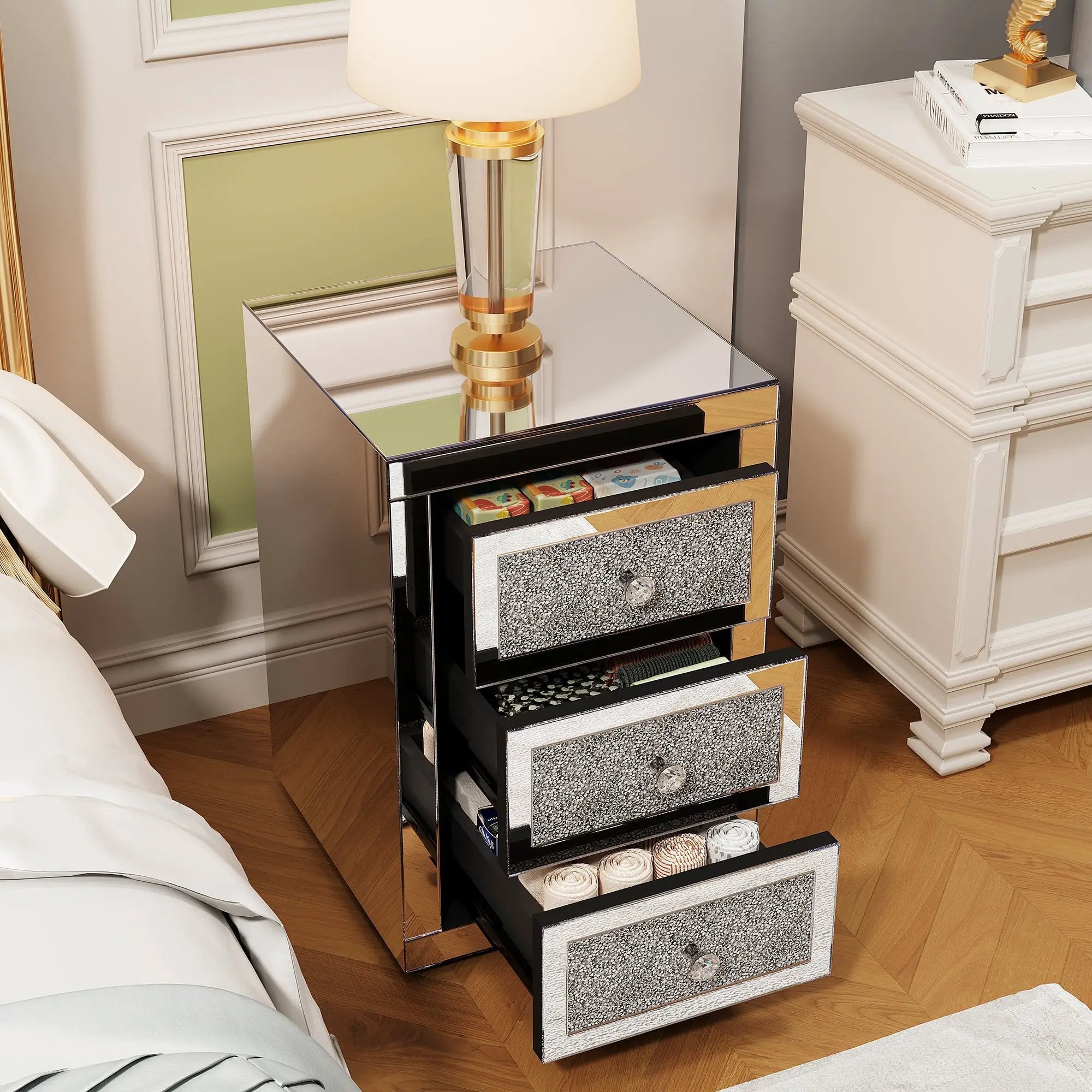 3-Drawer Mirrored Nightstand Bedside Table by HouseOfZazla