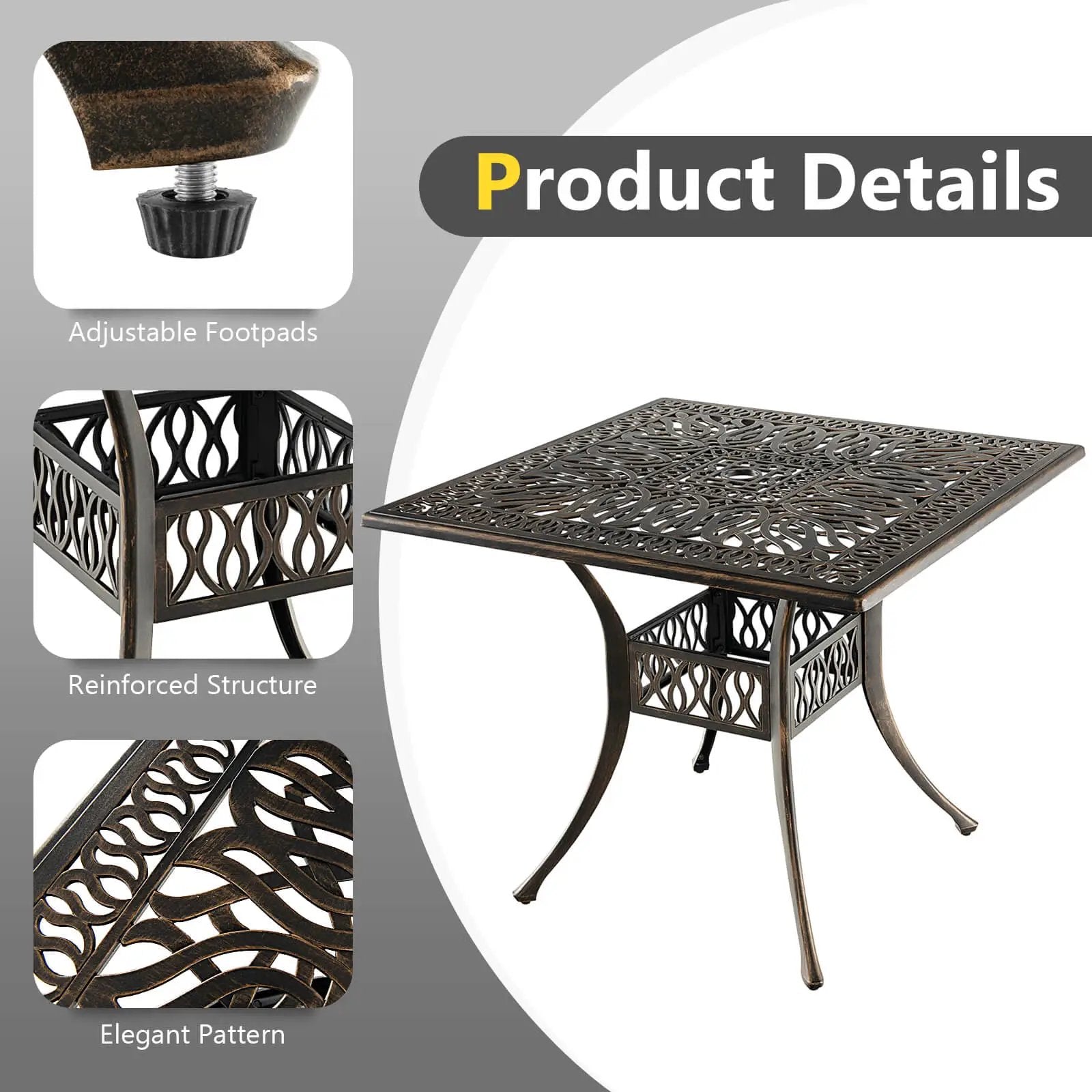 35.4 Inch Aluminum Patio Square Dining Table with Umbrella Hole-Bronze by DirectDeals