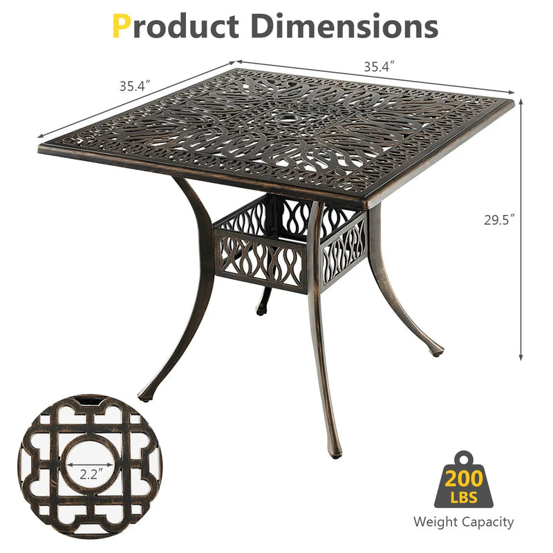 35.4 Inch Aluminum Patio Square Dining Table with Umbrella Hole-Bronze by DirectDeals
