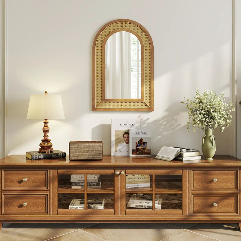 35.5 Inches x 23.5 Inches Rattan Wall Mounted Decorative Mirror with Wooden Frame-Natural by DirectDeals