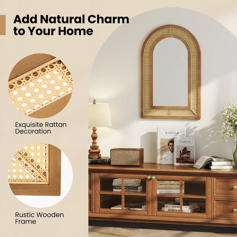35.5 Inches x 23.5 Inches Rattan Wall Mounted Decorative Mirror with Wooden Frame-Natural by DirectDeals