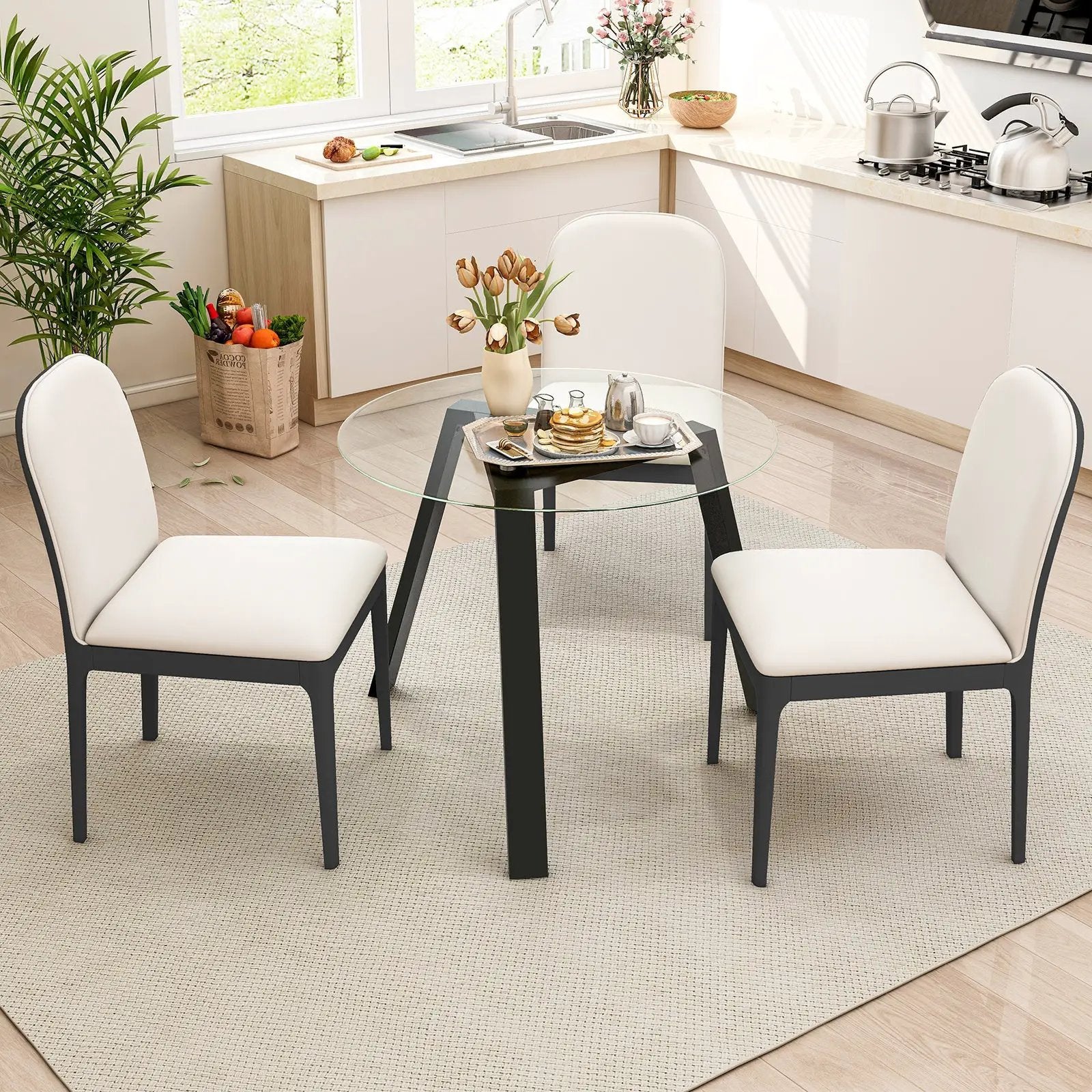 36 Inches Round Glass Dining Table for 4 with Rubber Wood Frame by DirectDeals