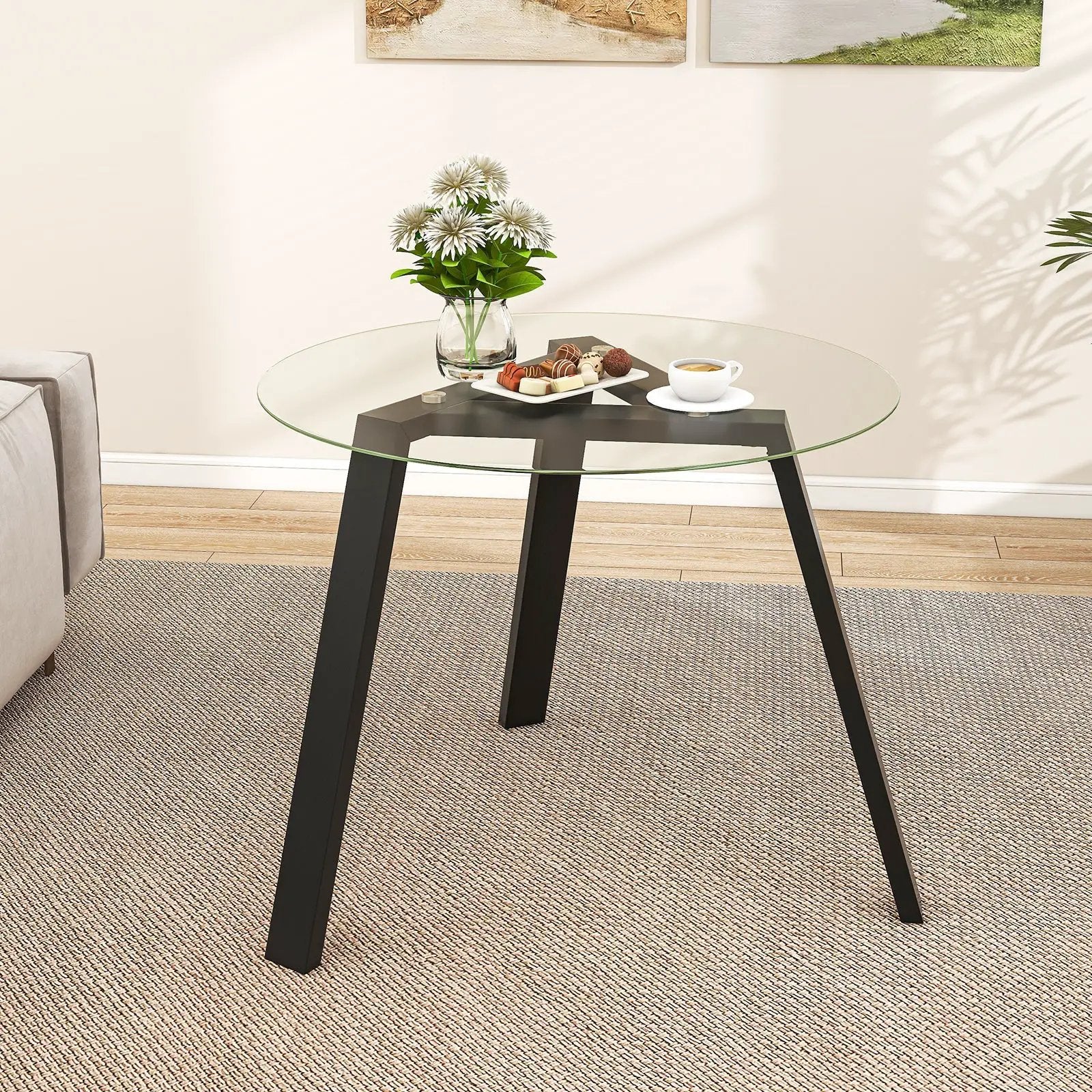 36 Inches Round Glass Dining Table for 4 with Rubber Wood Frame by DirectDeals