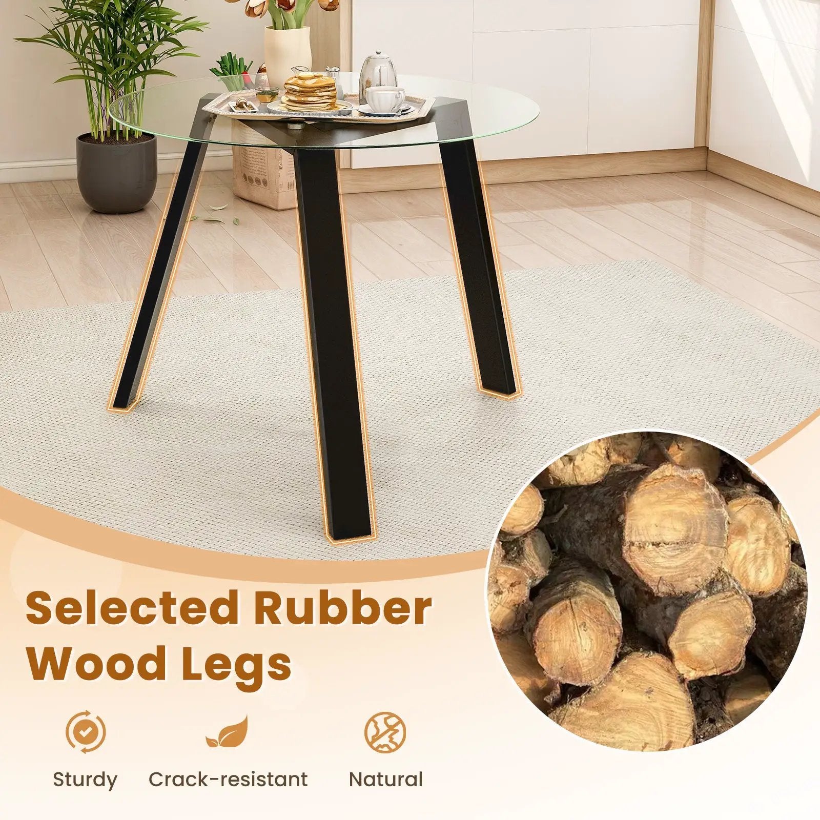 36 Inches Round Glass Dining Table for 4 with Rubber Wood Frame by DirectDeals