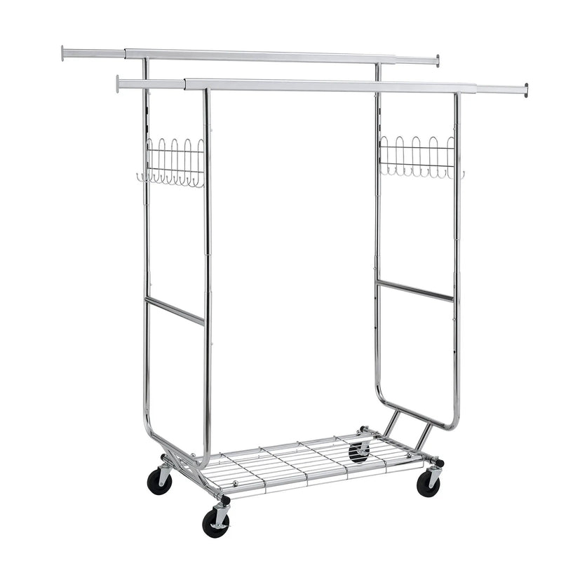 Heavy Duty Double Clothing Garment Rack With Shelves - Silver by Unique Piece Furniture