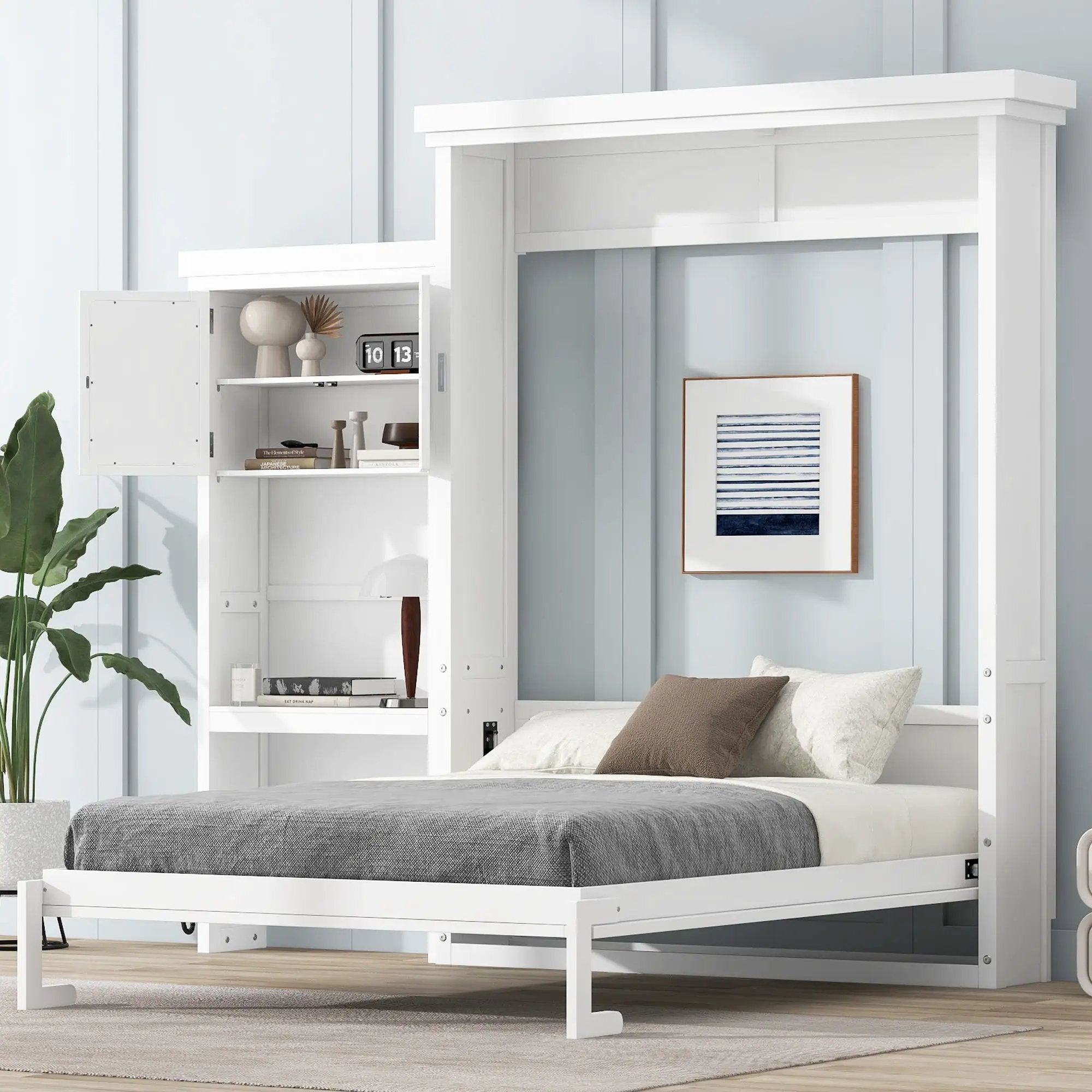 Queen Size Murphy Bed With Louvered Design And Multiple Storage Shelves - White by Unique Piece Furniture