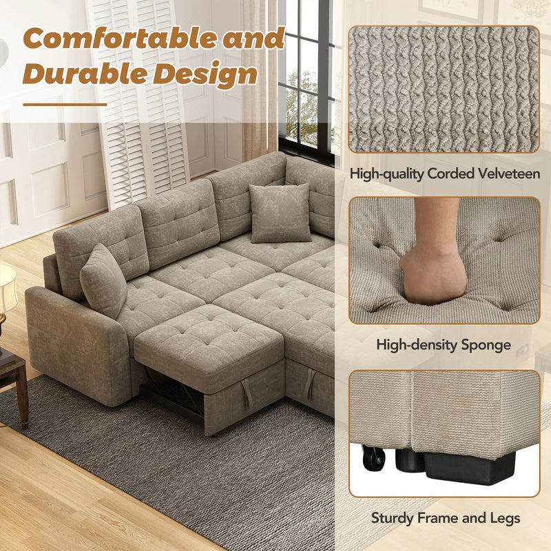 L-Shape Sofa Bed Pull-Out Sleeper Sofa With Wheels, USB Ports, Power Sockets For Living Room by HouseOfZazla