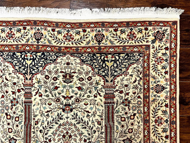 Pak Perisan Prayer Rug 4x6, Tree of LIfe Carpet, Handmade Vintage Wool Rug, Beige, Floral Vases by Jewel Rugs