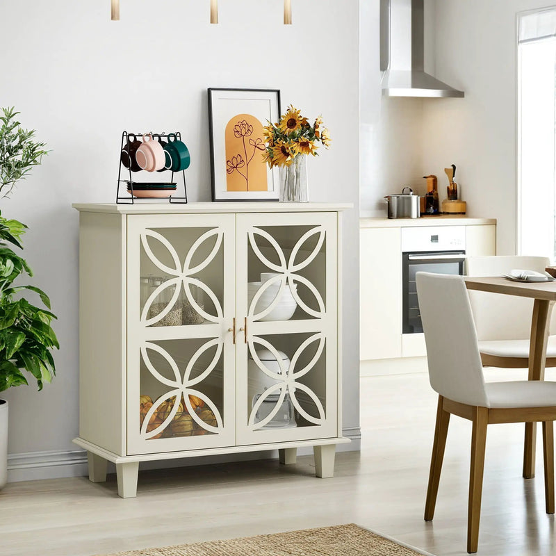 Modern Retro Sideboard Buffet Storage Cabinet With Adjustable Shelves And Tempered Glass Doors - Cream Color by HouseOfZazla