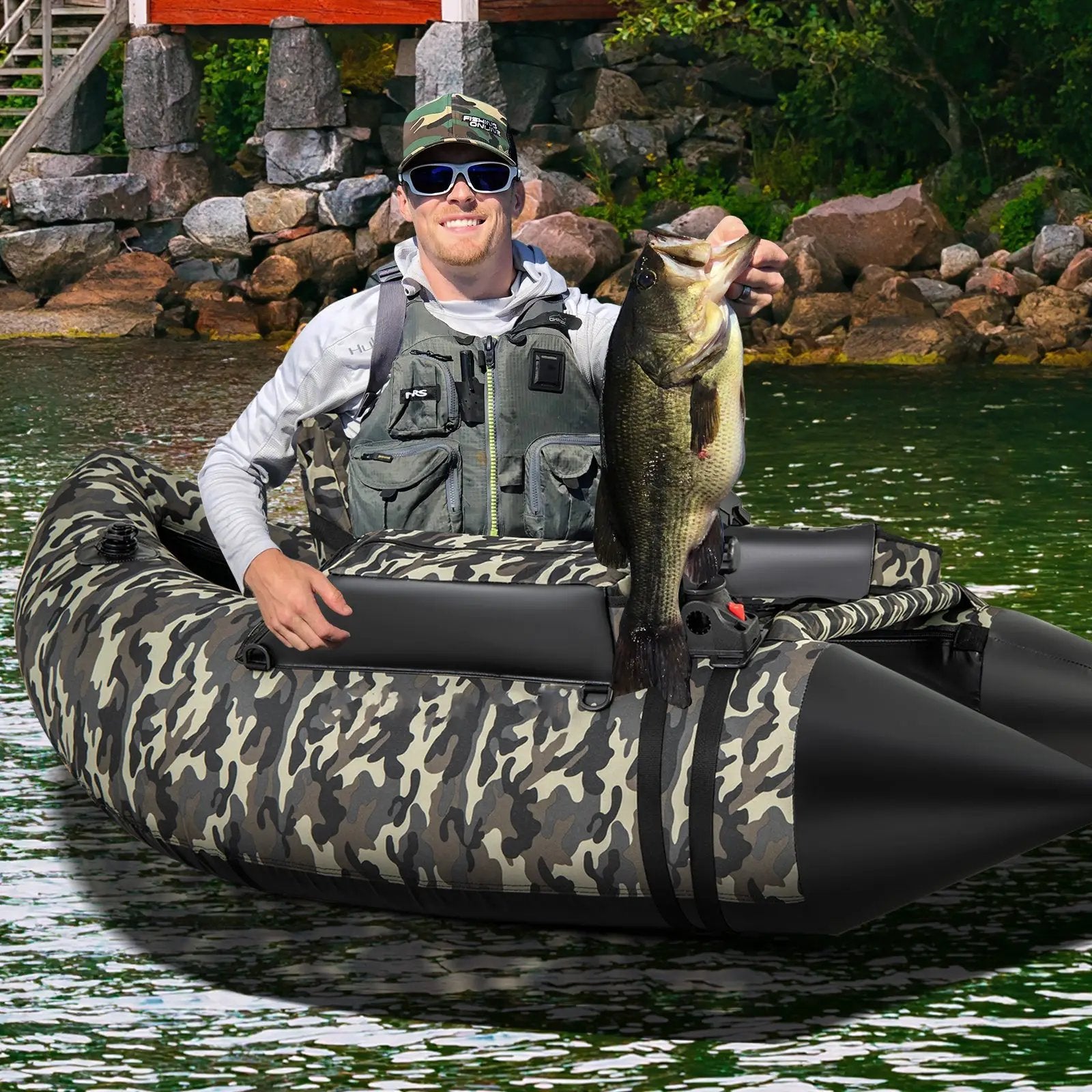 350 LBS Inflatable Fishing Float Tube with Adjustable Backrest and Backpack Straps-Camouflage by DirectDeals