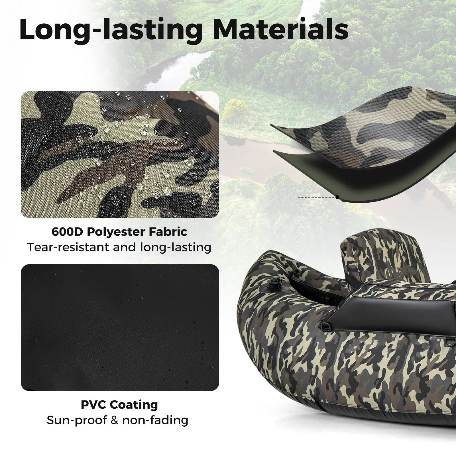 350 LBS Inflatable Fishing Float Tube with Adjustable Backrest and Backpack Straps-Camouflage by DirectDeals