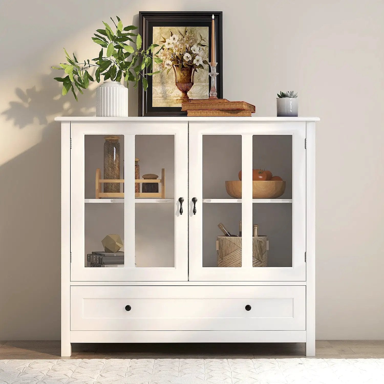 Buffet Storage Cabinet with Double Glass Doors and Unique Bell Handle by HouseOfZazla