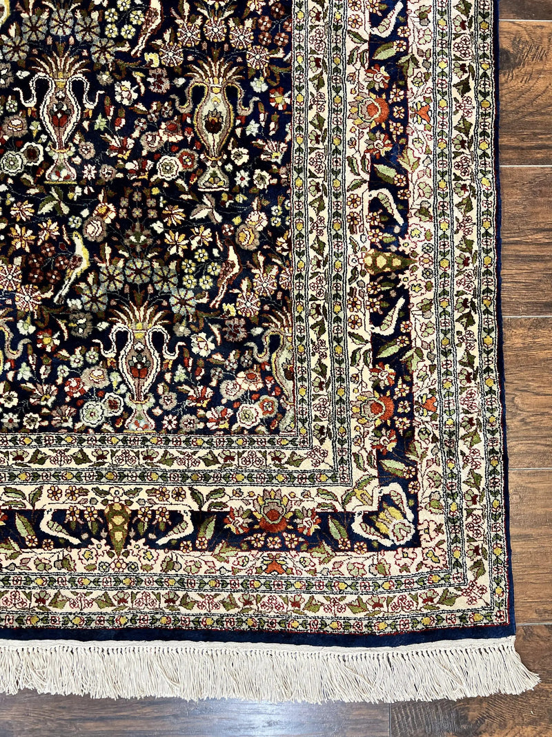 Silk Indian Kashmiri Rug 5x7, Navy Blue Indo Persian Silk Carpet 5 x 7 ft, Hand Knotted Handmade Very Fine Oriental Carpet, 450 KPSI, Birds by Jewel Rugs