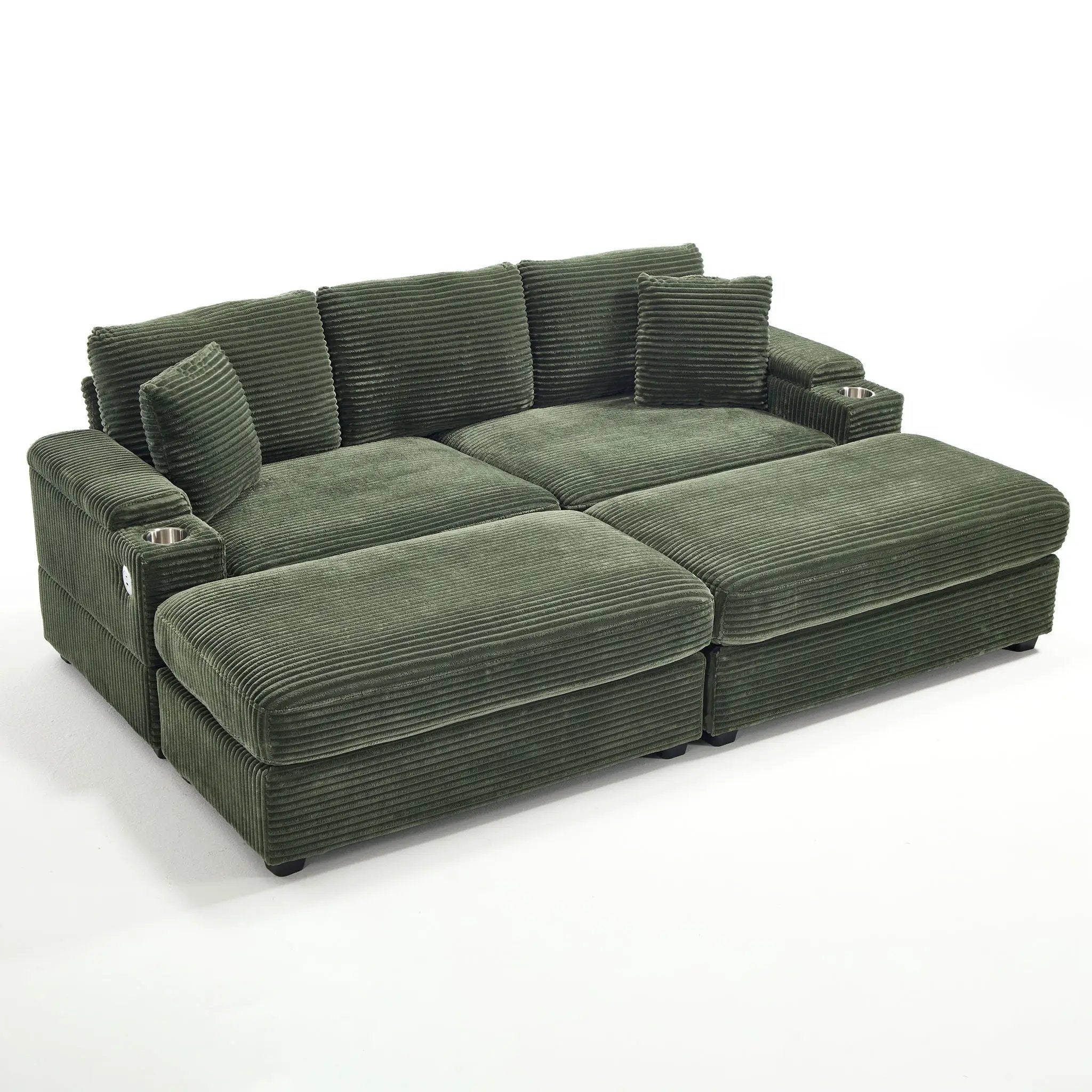 Convertible Sectional Sofa Bed Set With Armrest Storage, Cup Holder, USB, 4 Seater - Green by Unique Piece Furniture