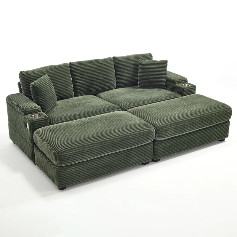 Convertible Sectional Sofa Bed Set With Armrest Storage, Cup Holder, USB, 4 Seater - Green by HouseOfZazla