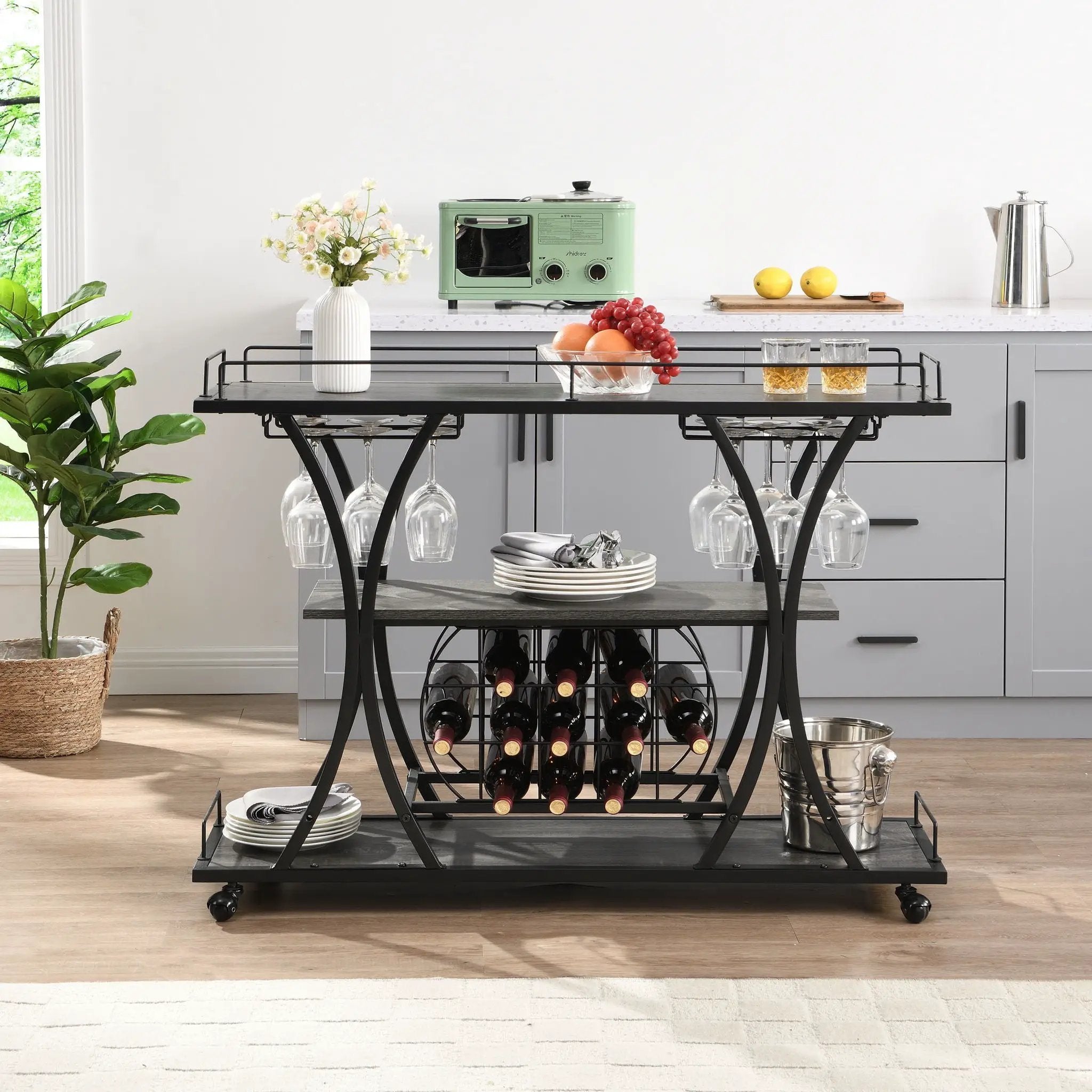 Industrial Bar Cart Kitchen Bar & Serving Cart For Home With Wheels 3 Tier Storage Shelves - Black / Gray by HouseOfZazla