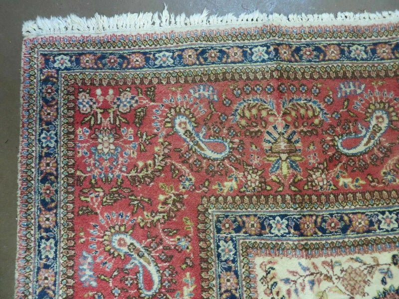 Persian Tabriz Rug 8x10, Bird Motifs Floral, Boteh Paisleys, Cream and Red, Handmade Wool Carpet by Jewel Rugs