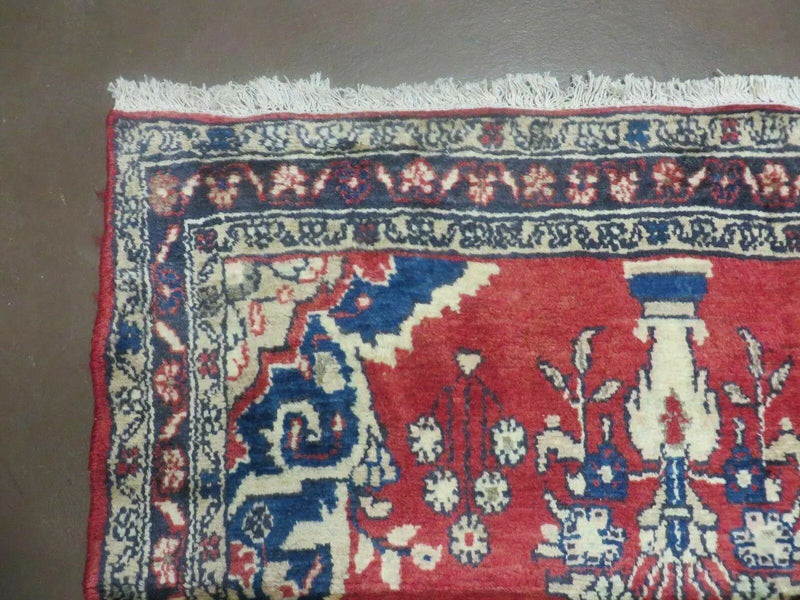 Persian Runner Rug 3 x 12, Antique Wool Oriental Runner, Floral Vases, Red & Navy Blue by Jewel Rugs