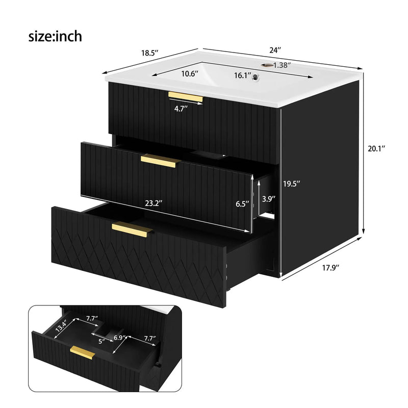 Wall Mounted Floating Cabinet With Side Cabinet Combo, Rectangular Ceramic Sink Vanity by Unique Piece Furniture