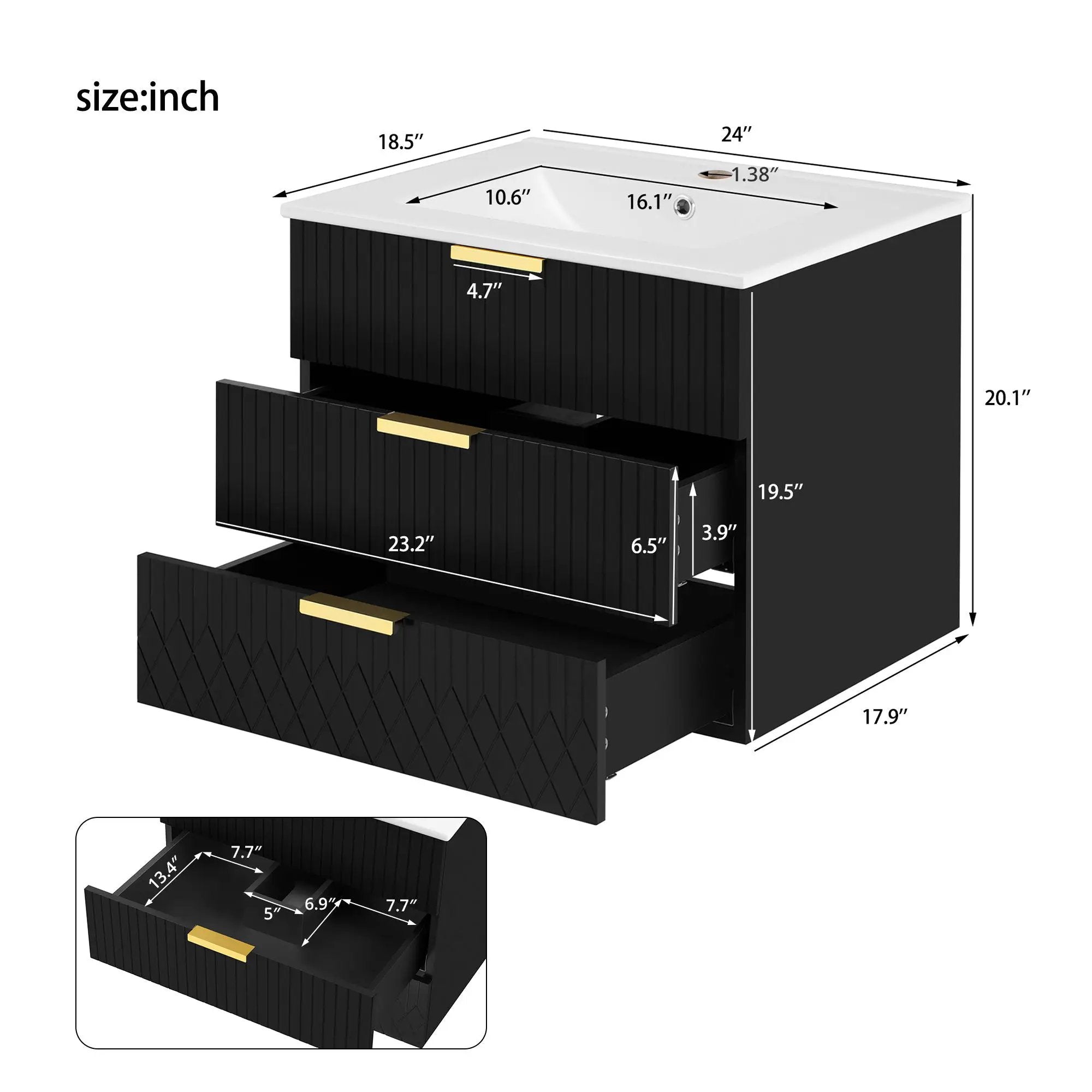 Wall Mounted Floating Cabinet With Double Drawer, Rectangular Sink by HouseOfZazla