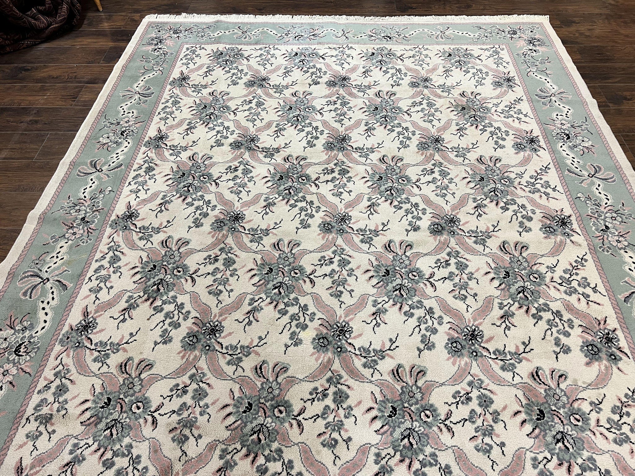 Belgium Power Loomed Rug 8x11, Ivory and Green, Wool Carpet, Floral by Jewel Rugs