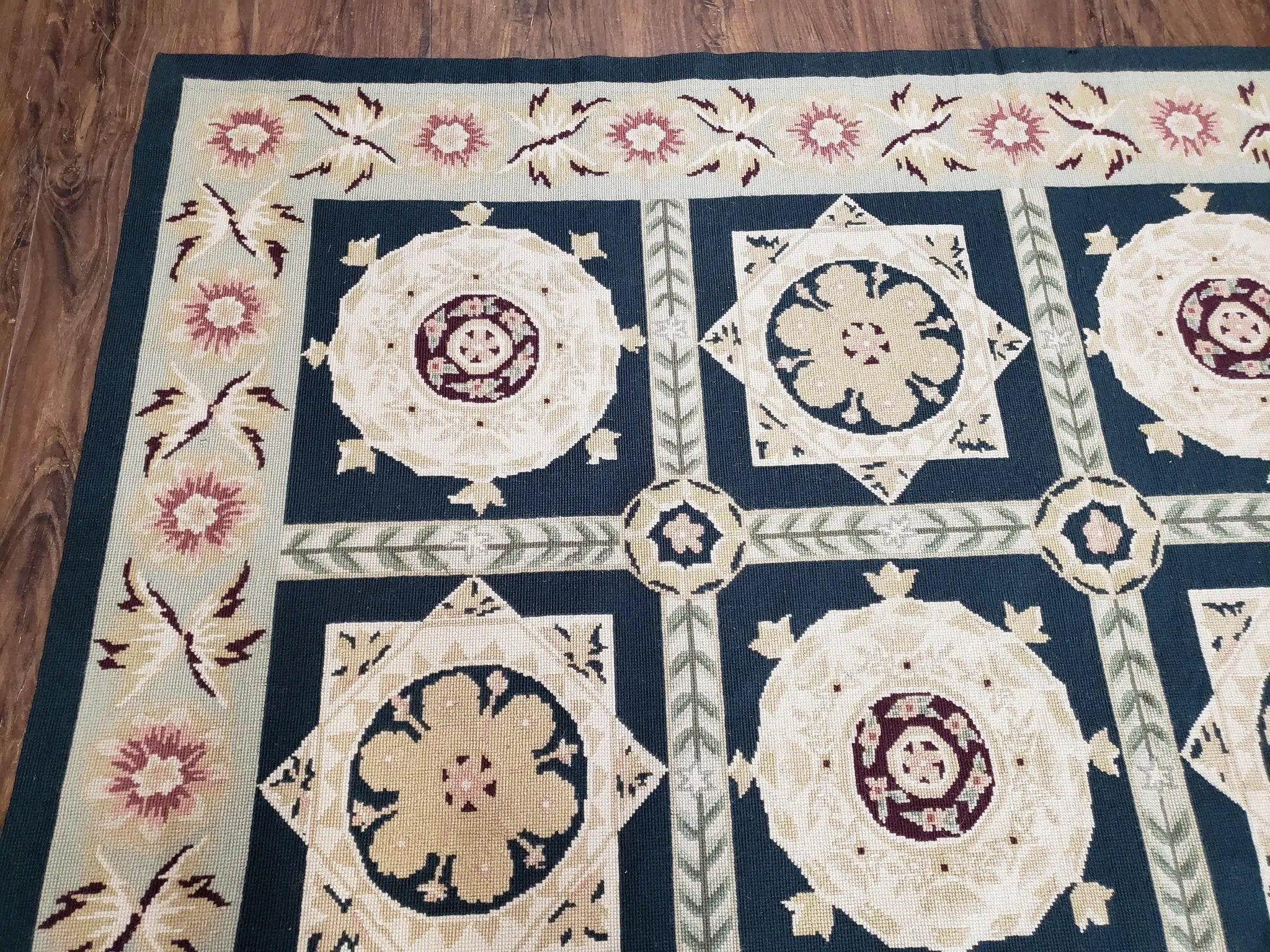 Vintage Chinese Needlepoint Rug 6x9, Panel Design Area Rug Wool Hand-Woven Black & Ivory Carpet Flat Weave Bedroom Rug 6 x 9 Living Room Rug by Jewel Rugs