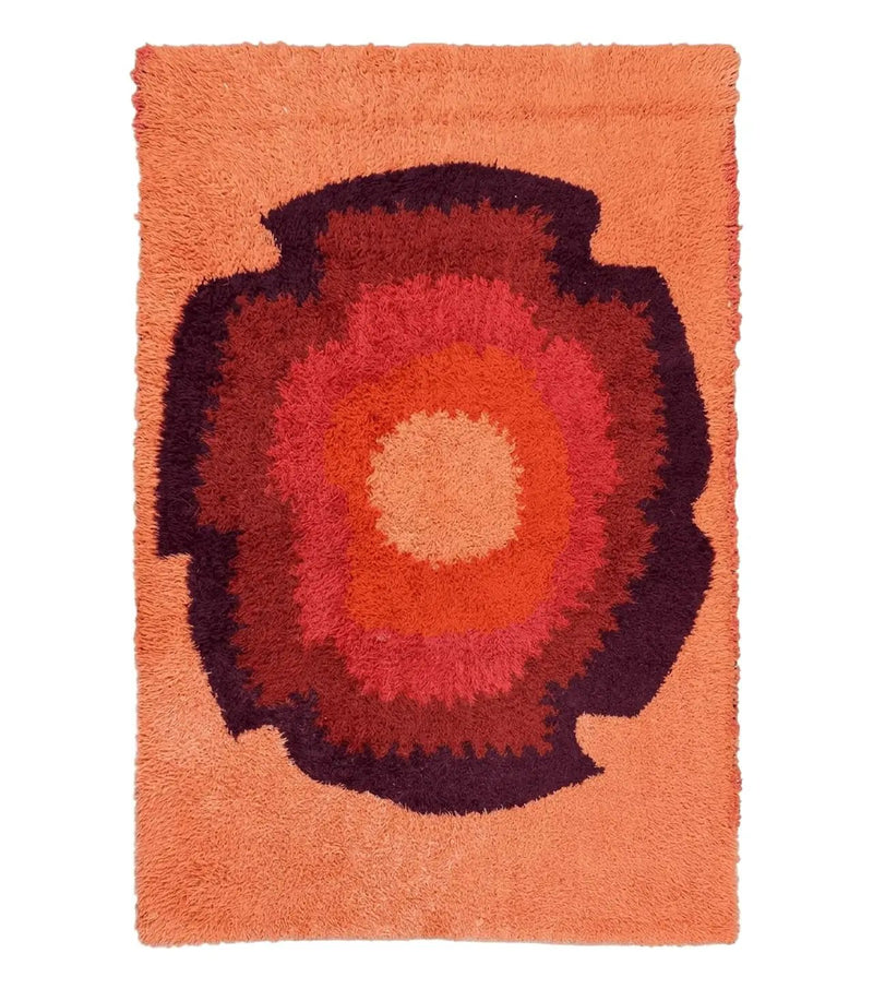 Danish Rya Shag Rug 4x6, Mid Century 1960s Retro Vintage Wool Rug, Shades of Red by Jewel Rugs