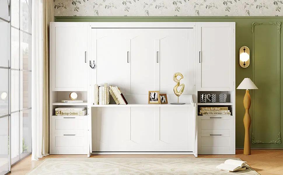 Queen Size Murphy Bed Wall Bed with Closet, Drawers and Shelves, White by HouseOfZazla