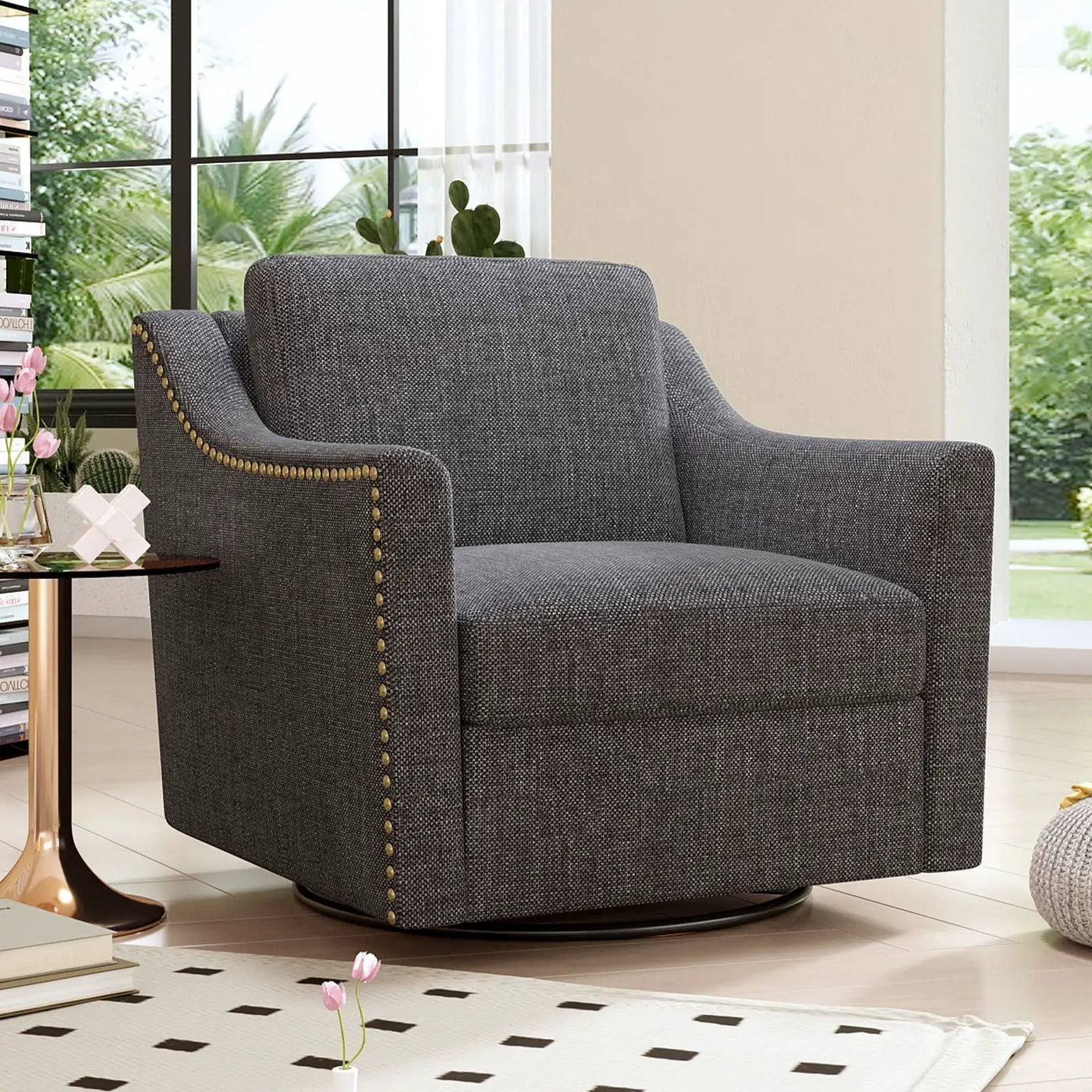 360 Degree Swivel Armchair, Skin Friendly Fabric, Ergonomic Design, Brass Nail Decorative Armchair by HouseOfZazla