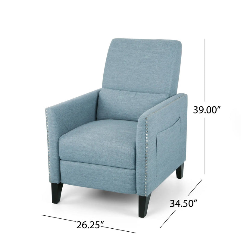 Repose Upholstered Recliner Chair With Nailhead Trim And Side Pocket - Light Blue by HouseOfZazla