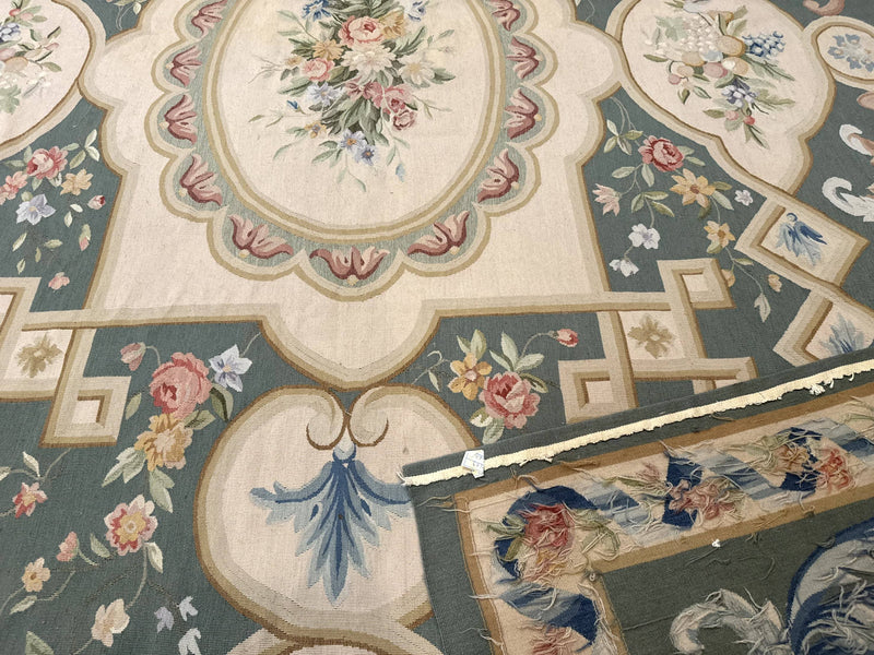 Aubusson Rug 9x12, Muted Sage Green and Cream, European Design by Jewel Rugs