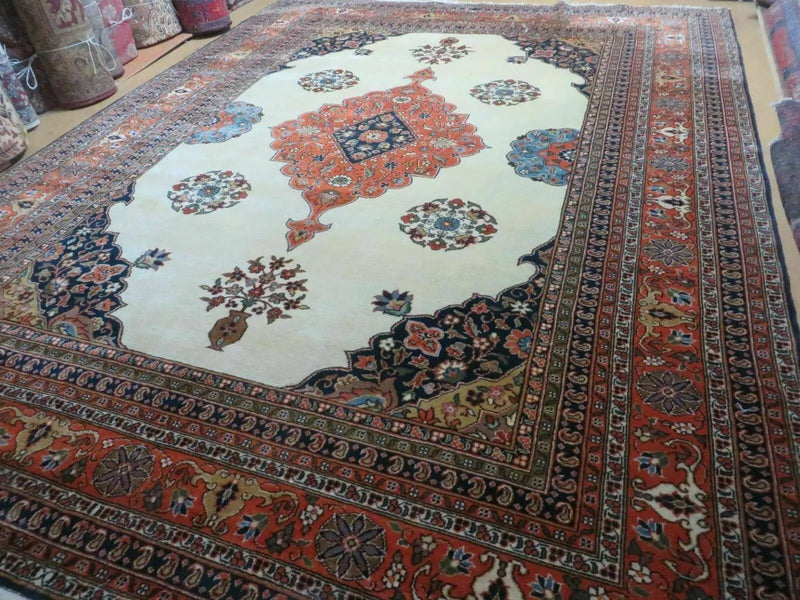 Indo Persian Rug 9x12, Semi Open Field Medallion, Ivory Tomato Red Navy Blue, Hand Knotted Indian Oriental Wool Carpet 9 x 12 ft, Room Sized by Jewel Rugs