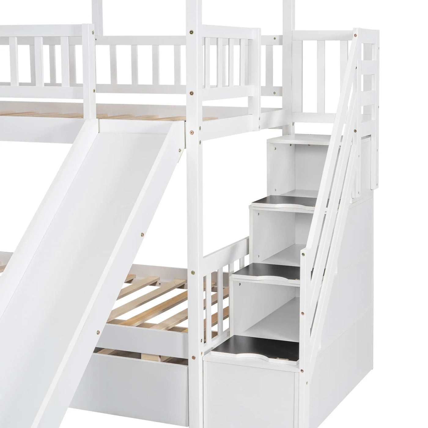 House Bunk Bed With Trundle, Storage Staircase, Roof And Window Design by HouseOfZazla