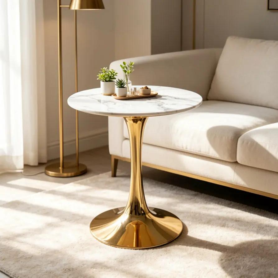 White Marble Tulip Dining Table with Golden Legs by HouseOfZazla