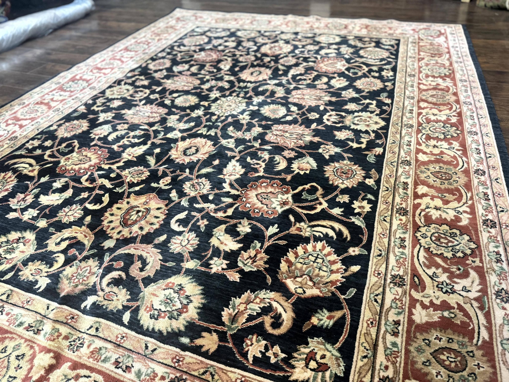 Vintage Oriental Rug 8x11, Floral Persian Design Carpet, Turkish Power Loomed Rug, Navy Blue Red Cream by Jewel Rugs