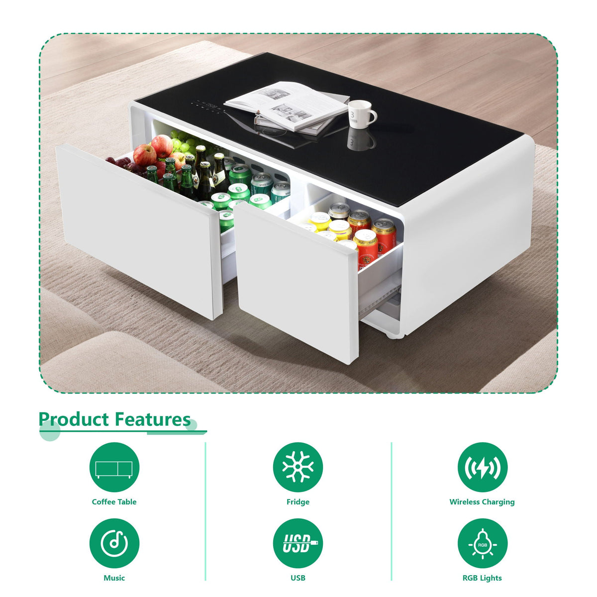 Modern Smart Coffee Table With Built-In Fridge - tooth Speaker, Wireless Charging, Touch Control Panel, USB Interface, Outlet Protection, Atmosphere Light, photo 5 of 14