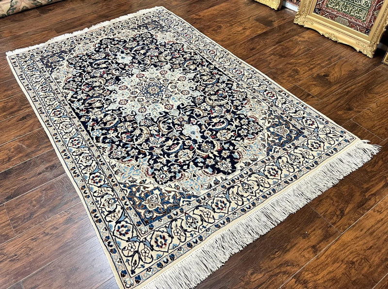 Persian Nain Rug 4x6, Floral, Hand Knotted Vintage Wool & Silk Highlights, Signature from Masterweaver, Navy Blue and Ivory by Jewel Rugs