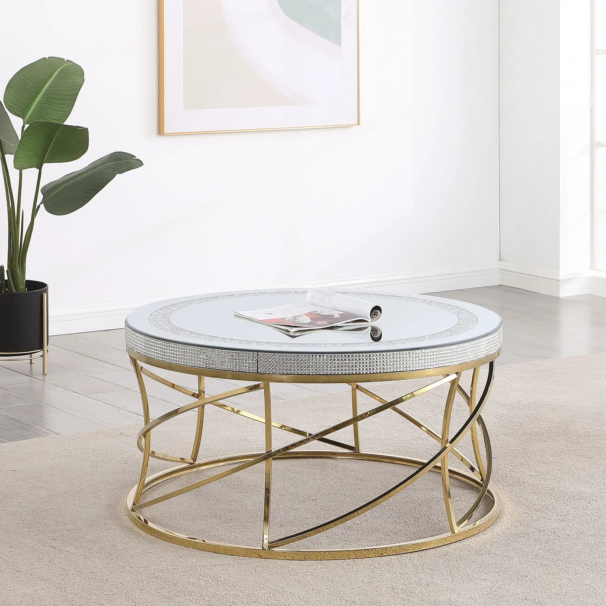 Elise Round Mirror Top Stainless Steel Coffee Table Gold by Unique Piece Furniture