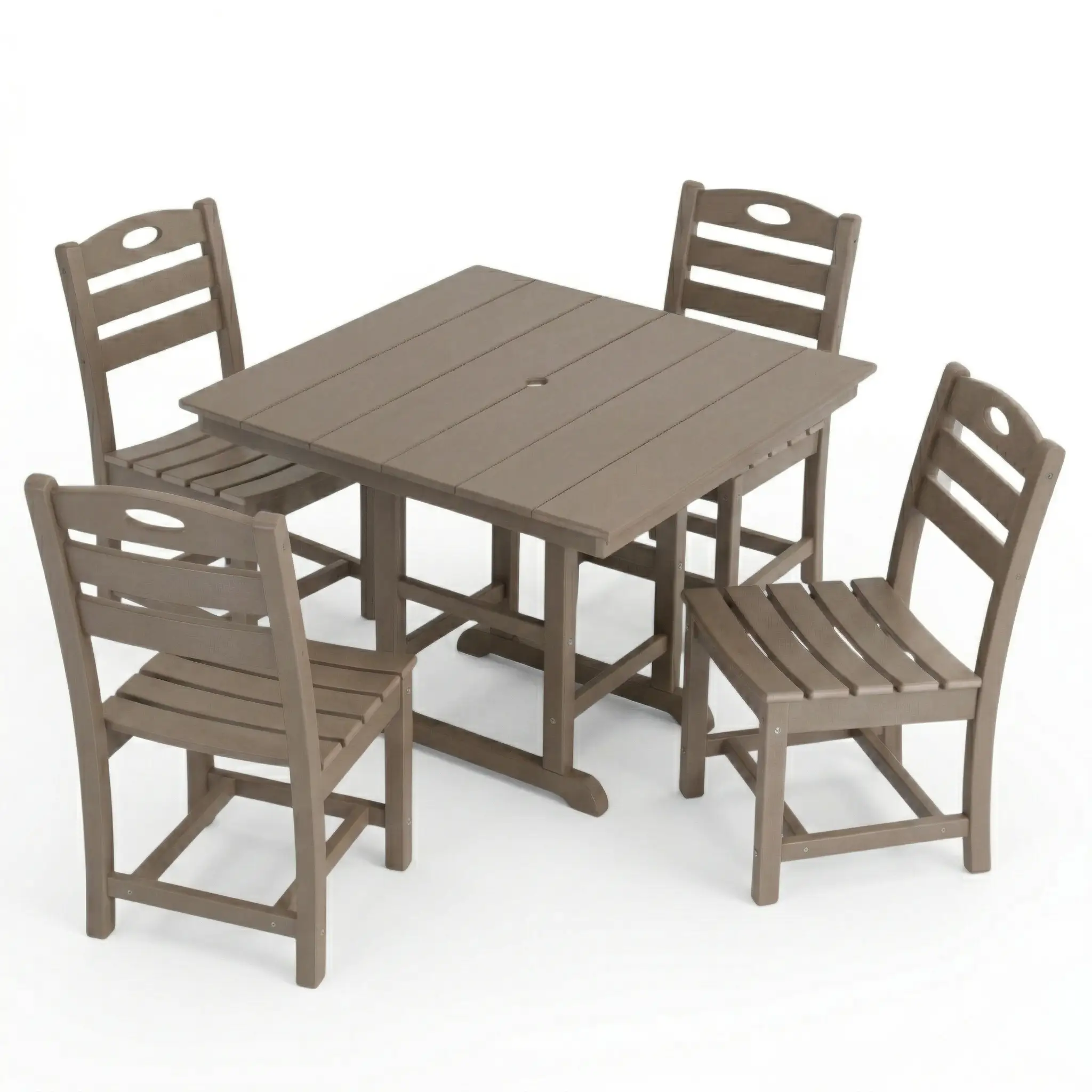 Antique Wood Color HDPE 5-Piece Outdoor Patio Dining Set with Square Table and 4 Armless Chairs, Umbrella Hole by HouseOfZazla