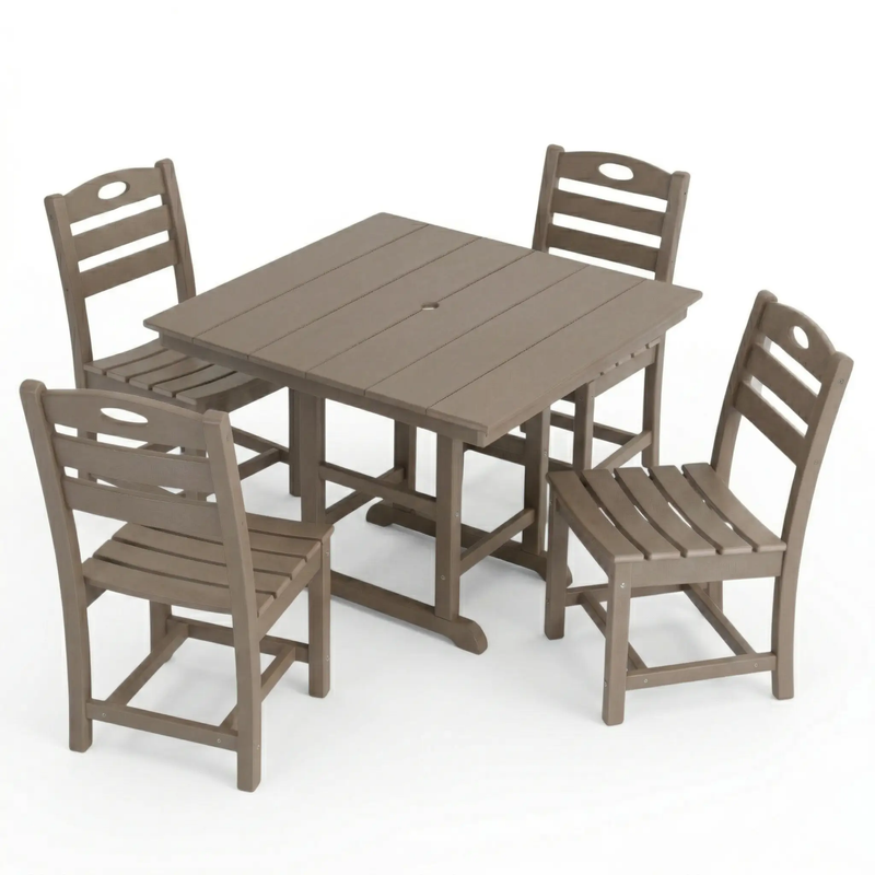 Antique Wood Color HDPE 5-Piece Outdoor Patio Dining Set with Square Table and 4 Armless Chairs, Umbrella Hole by HouseOfZazla