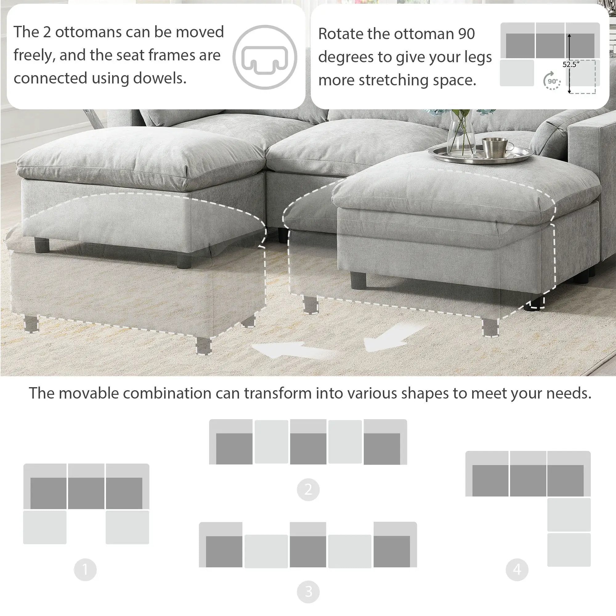 Modular Sectional With Storage Pockets, 5 Seat U Shaped Couch Set With Pillows, Free Combination Modern Cloud Sofa With 2 Movable Ottoman by HouseOfZazla